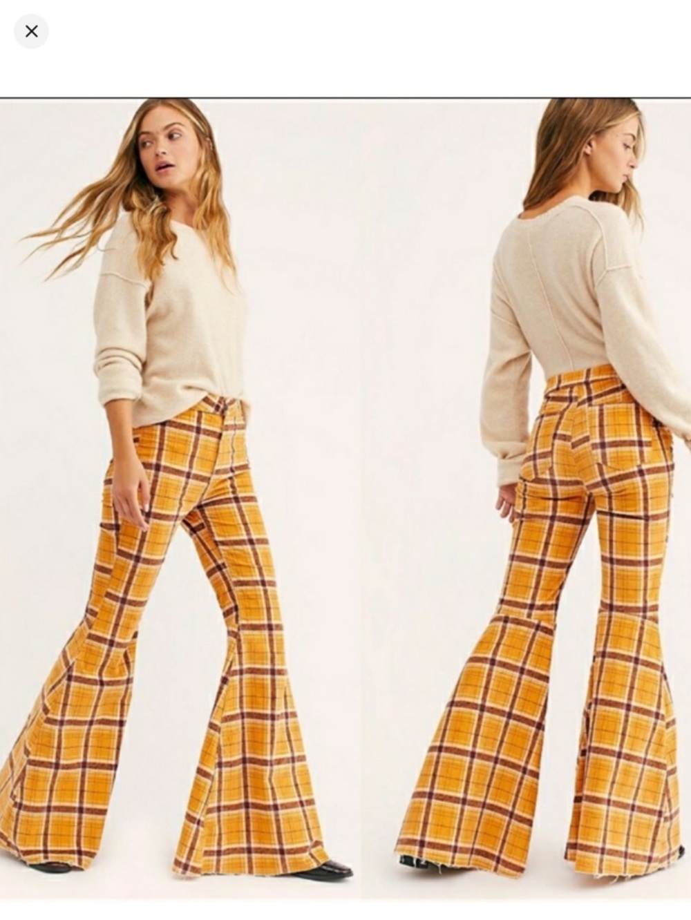 Free People women’s Yellow Plaid Wide Leg Flare Pants Size 32 Retro - Picture 1 of 15